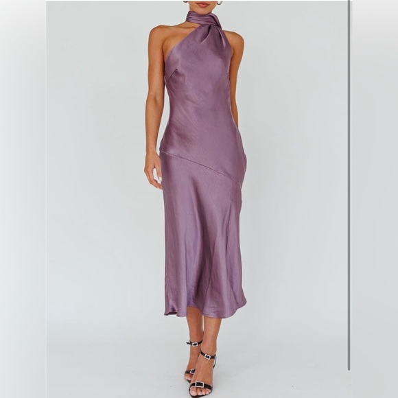 NWOT Sexy Satin Backless Halter Elegant Cowl Back Slit Cocktail Dress Evening - Picture 4 of 6